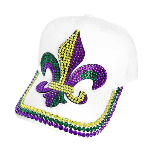 White Bing Studded Mardi Gras Fleur de Lis Baseball Cap: an eye-catching piece with a unique Mardi Gras design. Made with stylish studs and a bold Fleur de Lis emblem, this cap is perfect for adding a touch of festive charm to any Mardi Gras outfit. Get ready to celebrate Mardi Gras events in style!