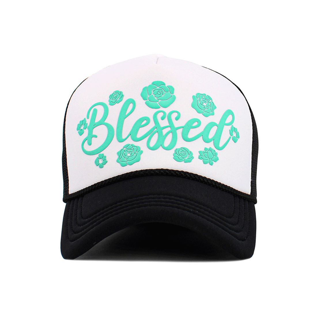 White-Black Stay effortlessly stylish with the BLESSED Letter Foam Trucker Hat, featuring a bold front print and breathable mesh back. Lightweight, comfortable, and perfect for everyday wear