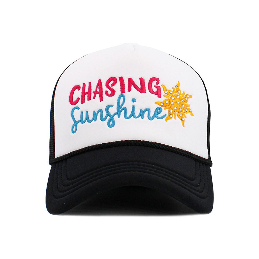 White Black Soak up warm-weather style with this CHASING SUNSHINE embroidered foam trucker hat, featuring a charming stone sun detail and breathable string mesh back. Lightweight and comfortable, it’s perfect for beach trips, road adventures, and everyday summer wear.