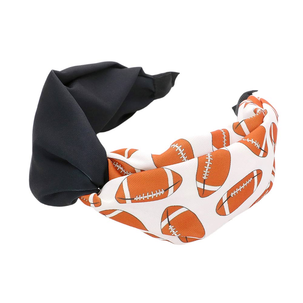 Black orange Game Day Football Patterned Twisted Headband, Stay stylish and comfy with this Headband. This headband is designed with a soft fabric material for comfort and is patterned with an eye-catching football design for a game-day-ready look. Attend your team's play with this  Football Patterned Twisted Headband. 