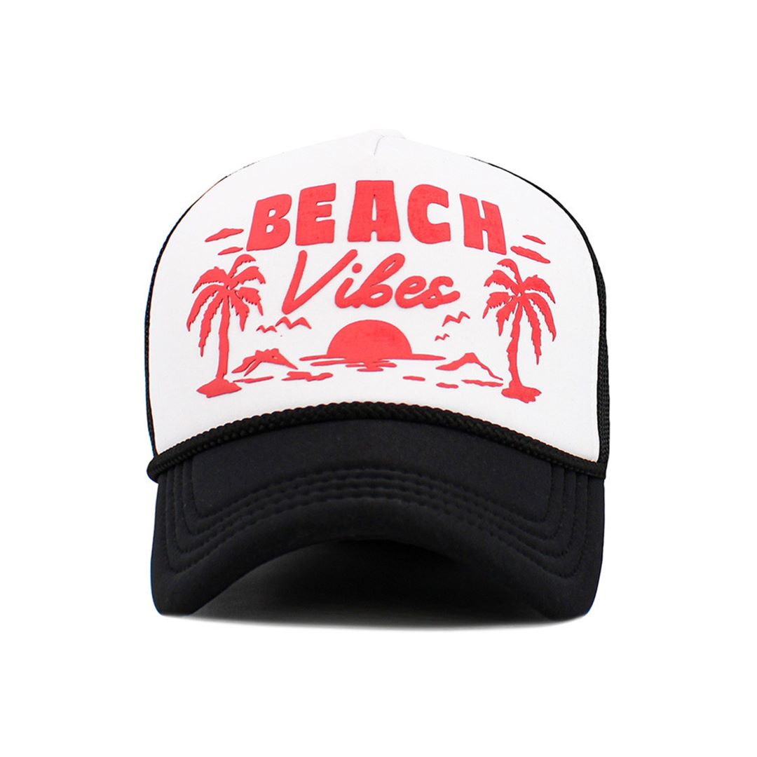 White Black Capture easygoing summer style with this BEACH VIBES foam trucker hat, featuring bold lettering and a tropical tree graphic for a fun, sunny look. Lightweight and breathable, it’s perfect for beach days, vacations, and relaxed outdoor wear.