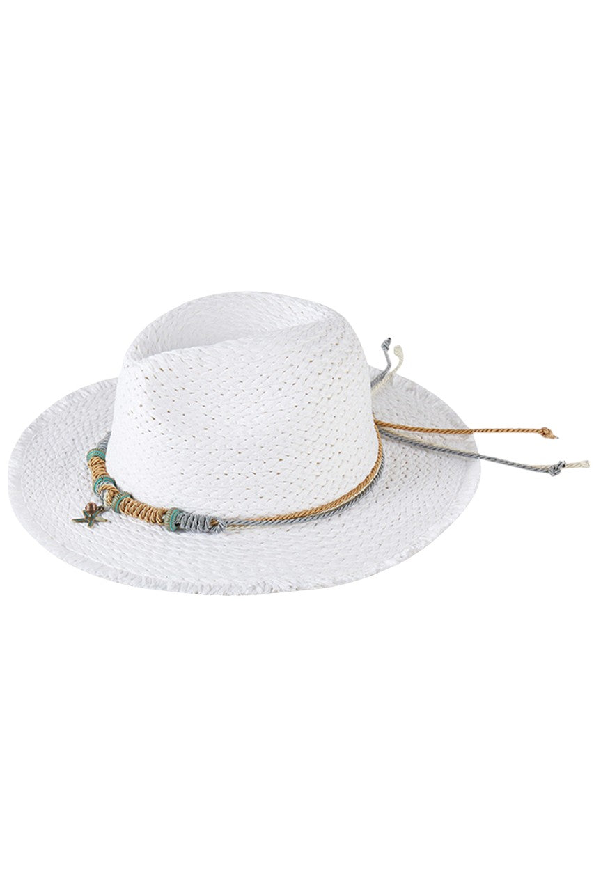 White Braided Starfish Band Frayed Straw Summer Sun Hat features a distinctive braided starfish band and stylish frayed edges. The wide brim provides optimal UV protection while maintaining breathability, making it an essential accessory for beach outings, resort wear, or any outdoor summer activity. Lightweight construction ensures all-day comfort.