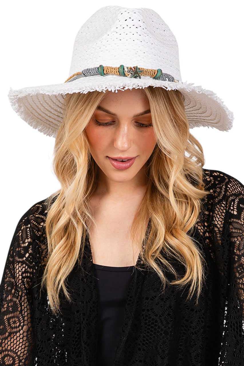 White Braided Starfish Band Frayed Straw Summer Sun Hat features a distinctive braided starfish band and stylish frayed edges. The wide brim provides optimal UV protection while maintaining breathability, making it an essential accessory for beach outings, resort wear, or any outdoor summer activity. Lightweight construction ensures all-day comfort.