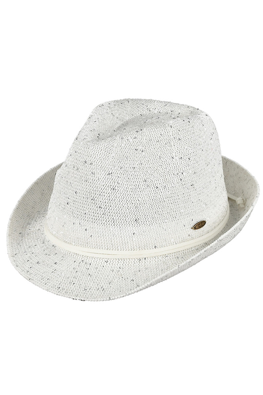 White C.C Band Trim Sparkle Fedora Hat is a stylish and elegant accessory that adds a touch of sparkle to any outfit. Made with high-quality materials, this hat features a trendy band trim and a classic fedora shape. Its versatile design makes it suitable for both casual and formal occasions. Elevate your look with this must-have hat. 