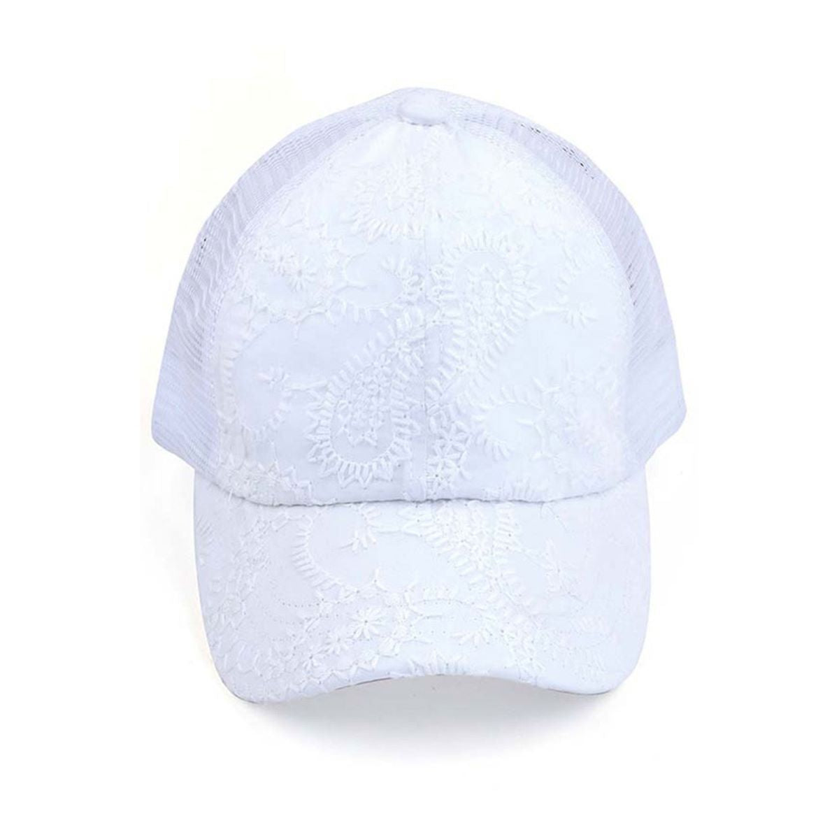 White C.C FANCY EMBROIDERY STITCH CRISS CROSS PONYCAP is expertly crafted with intricate embroidery and a unique criss cross design. It provides both fashion and function, keeping the sun out of your eyes while adding a stylish touch to your outfit.