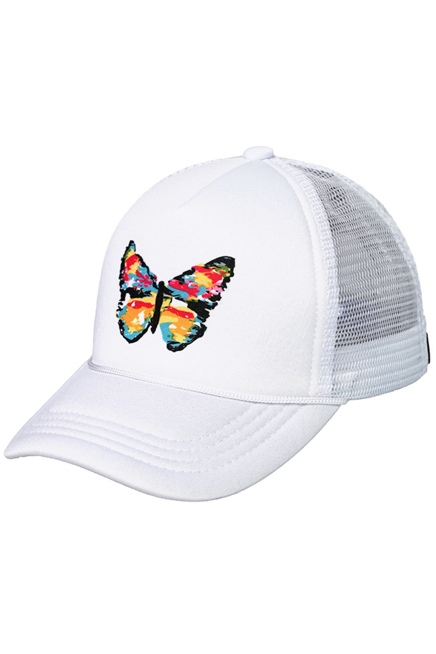 White C.C Hand-Painted Abstract Butterfly Trucker Cap features a beautiful and unique hand-painted butterfly design that adds a touch of art to your wardrobe. Made with high-quality materials, it provides both style and comfort. Elevate your fashion with this statement piece while protecting yourself from the sun with its trucker-style design.