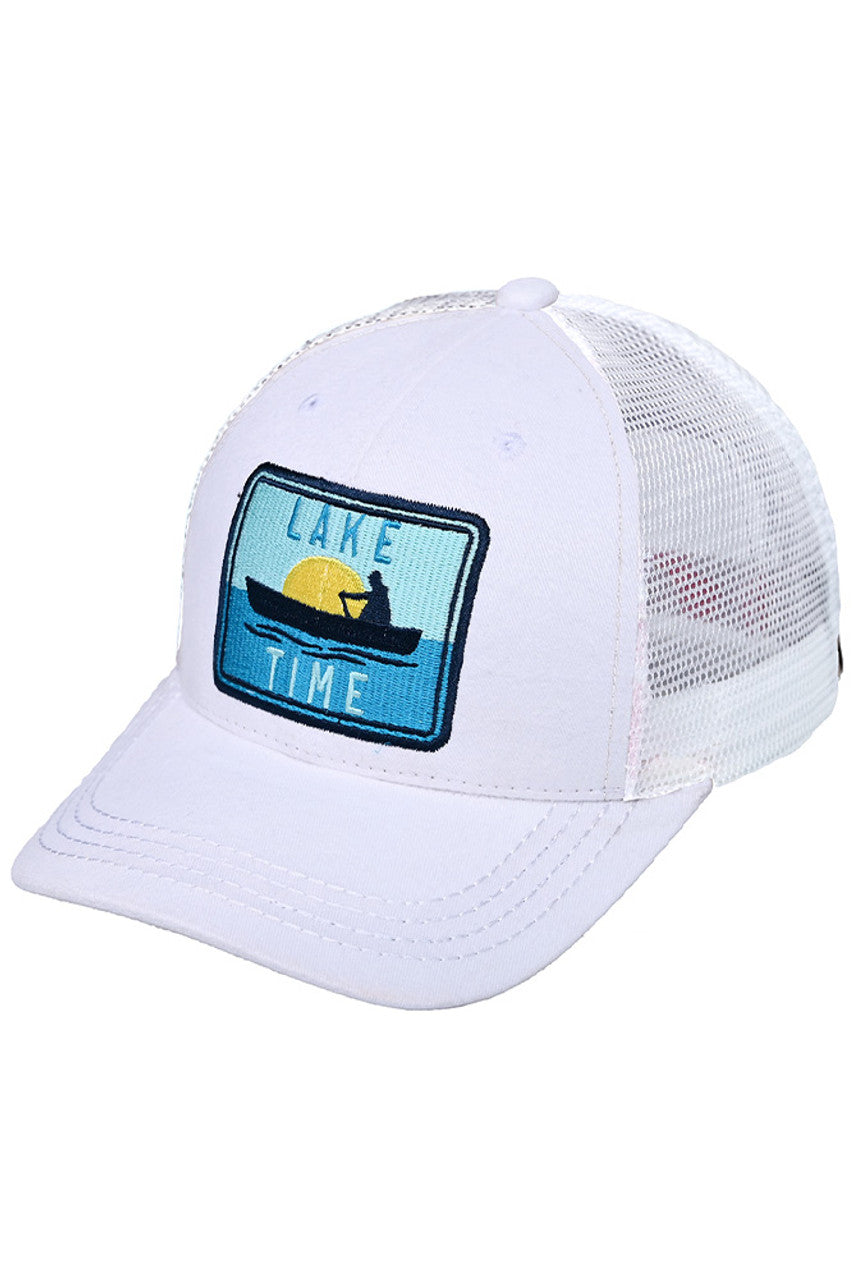 White C.C LAKE TIME Embroidery Patch Baseball Cap combines style and function with its embroidered patch design and comfortable fit. Made with high-quality materials, this cap is the perfect accessory for a day out on the lake or any outdoor activity. Keep the sun out of your eyes while staying on trend with this must-have cap.