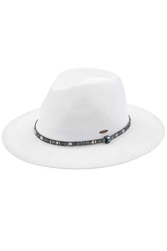 White C.C MULTI-THREAD RHINESTONE TRIM BAND PANAMA HAT is a must-have accessory for any fashion-forward individual. Crafted with multi-threaded material and adorned with stunning rhinestone trim, this hat adds a touch of elegance to any outfit. With its versatile design, it's perfect for any occasion and provides excellent sun protection.
