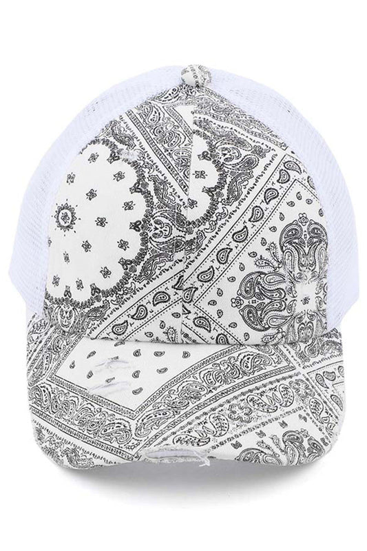 White C.C PAISLEY BANDANA CRISS CROSS PONYCAP is a stylish addition to any wardrobe. Its paisley bandana design adds a touch of retro flair, while the criss cross ponycap style keeps your hair out of your face. Made with high-quality materials, this cap not only looks great, but also provides comfort and durability. Elevate your fashion game with this must-have accessory.