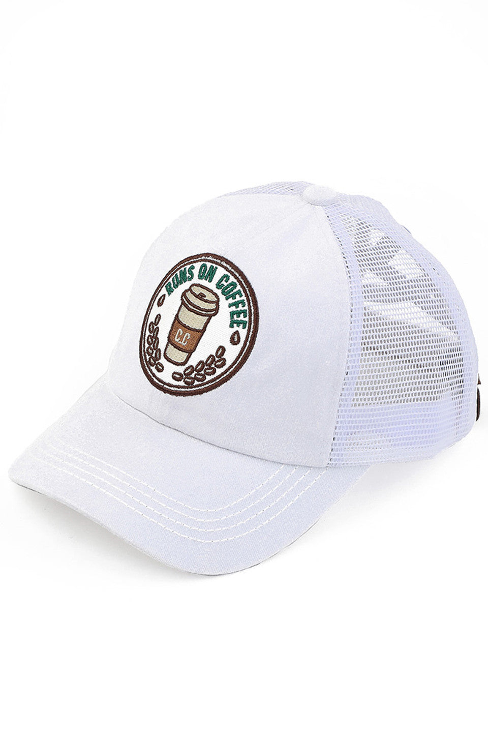 White C.C RUNS ON COFFEE PATCH CRISS CROSS PONY CAP combines fashion with function, featuring a unique criss-cross design and a playful "Runs on Coffee" patch. Made with high-quality materials, this cap is perfect for those who want to show off their love for coffee while staying stylish and comfortable.
