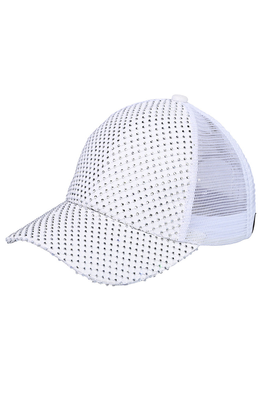 White C.C Rhinestone Net Baseball Cap combines fashion and function with its trendy design and durable construction. Featuring sparkling rhinestones and a breathable net design, this cap is the perfect accessory for any outdoor activity. Made with high-quality materials, it offers both style and comfort for all-day wear.
