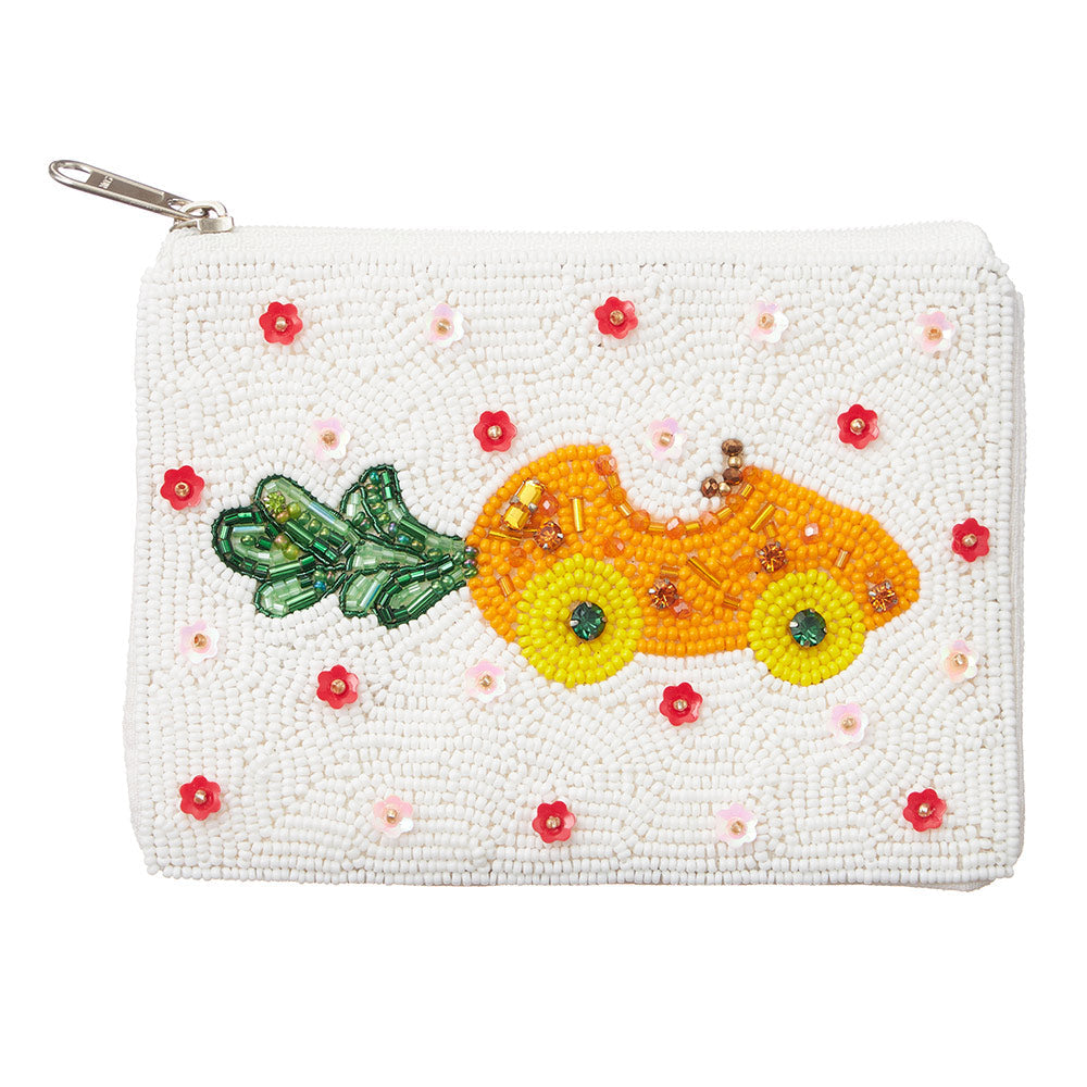 White Carrot Flower Sequin Seed Beaded Mini Pouch Bag features intricate sequin and seed-beaded detailing in the shape of a vibrant carrot flower. Crafted with high-quality materials, this bag is perfect for storing small essentials while adding a touch of elegance to any outfit. Elevate your style with this unique and stylish accessory. 