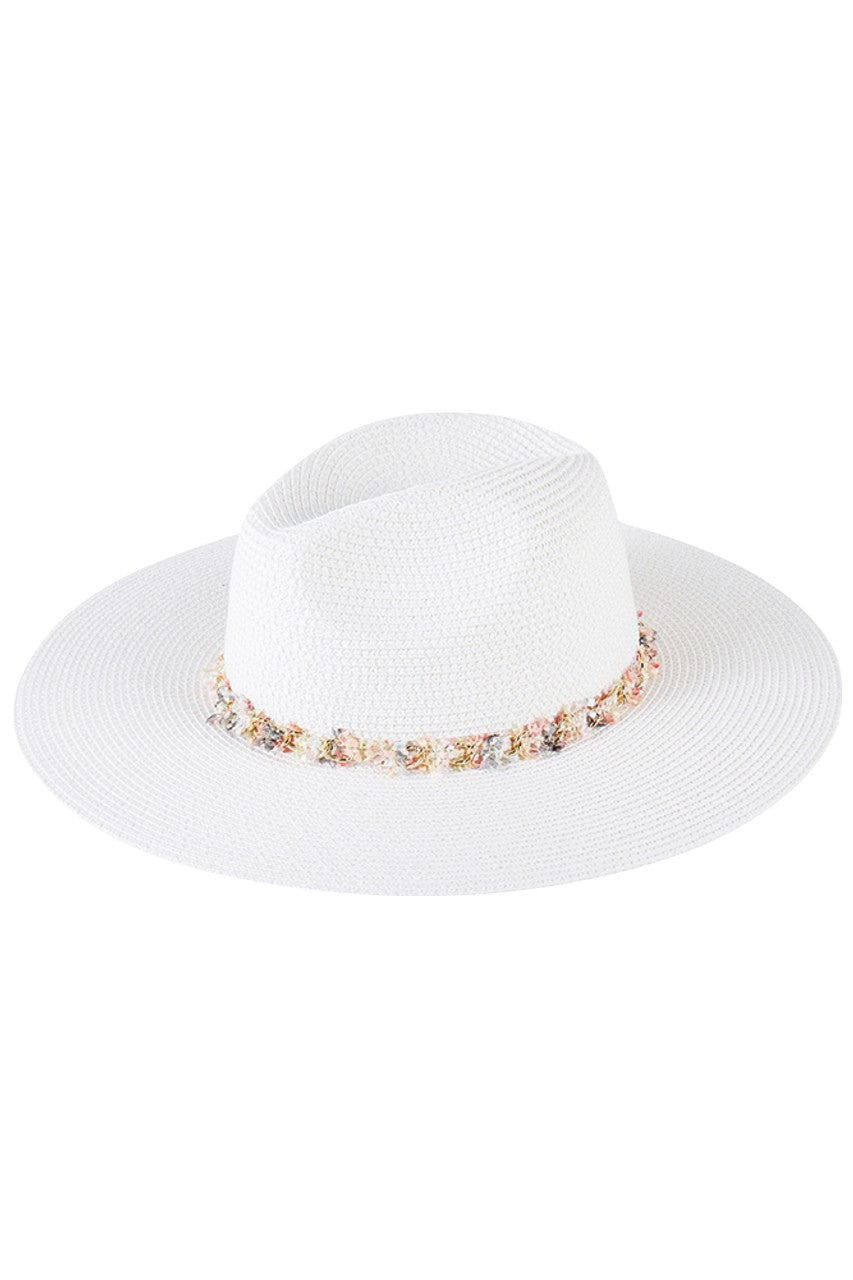 White Confetti Braided Chain Band hat combines sophisticated design with summer functionality. The distinctive braided chain band adds an elegant accent while providing superior sun protection. The lightweight construction ensures all-day comfort, making it an essential accessory for beach outings, garden parties, or casual summer strolls.