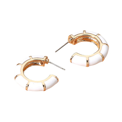 Enamel Bamboo Hoop Earrings - White - Earrings