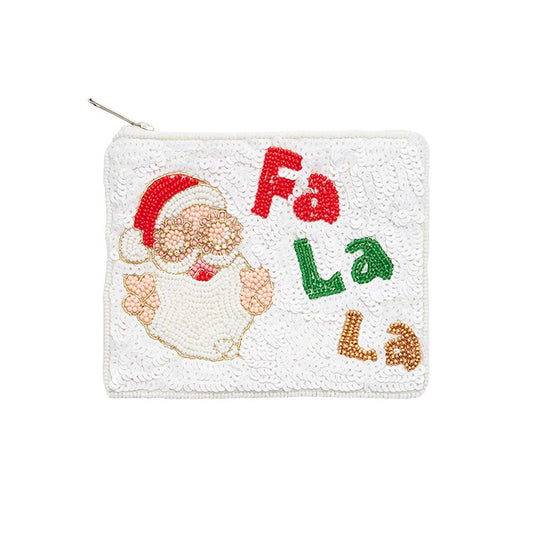 White Fa La La Message Santa Beaded Christmas Mini Pouch Bag, Be the ultimate fashionista while carrying this trendy themed mini pouch bag! Add the perfect luxe to your Christmas attire with it. This is the perfect gift for Christmas, especially for your friends, family, and the people you love and care about.