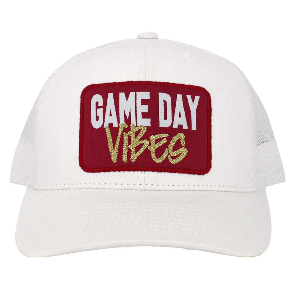 White Game Day Vibes Message Mesh Back Baseball Cap, offers a semi-structured profile and a two-tone mesh back, perfect for entertaining your friends on game day. Its pre-curved visor and adjustable snapback closure provide a comfortable fit. The eye-catching message and detailed embroidery leave an unforgettable impression.