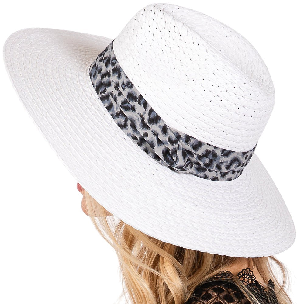 White Leopard Band Straw Sun Hat features a leopard print band for a touch of personality. Made of durable straw, it protects from the sun's harsh rays. Stay cool and fashionable while lounging on the beach or exploring the city. 