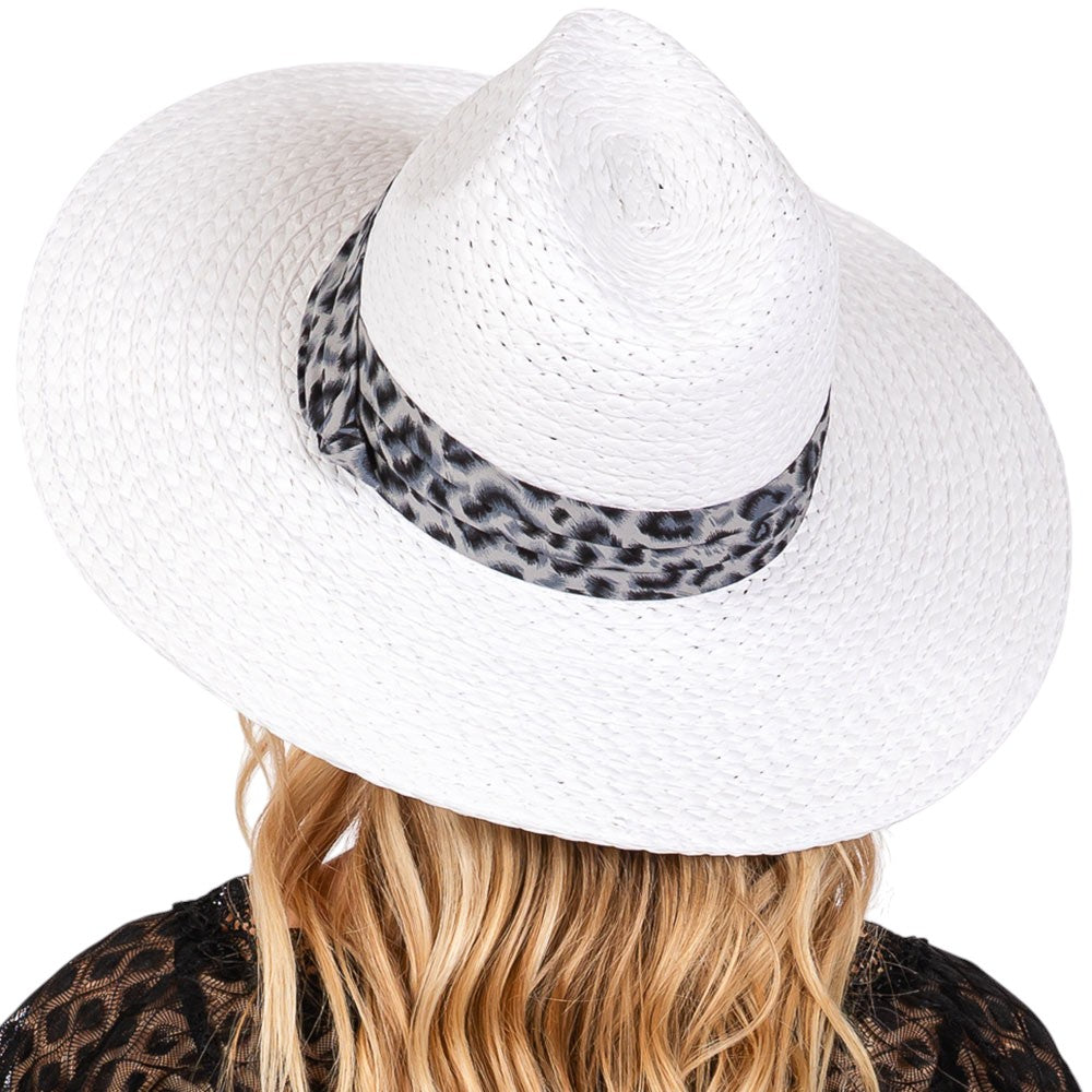 White Leopard Band Straw Sun Hat features a leopard print band for a touch of personality. Made of durable straw, it protects from the sun's harsh rays. Stay cool and fashionable while lounging on the beach or exploring the city. 