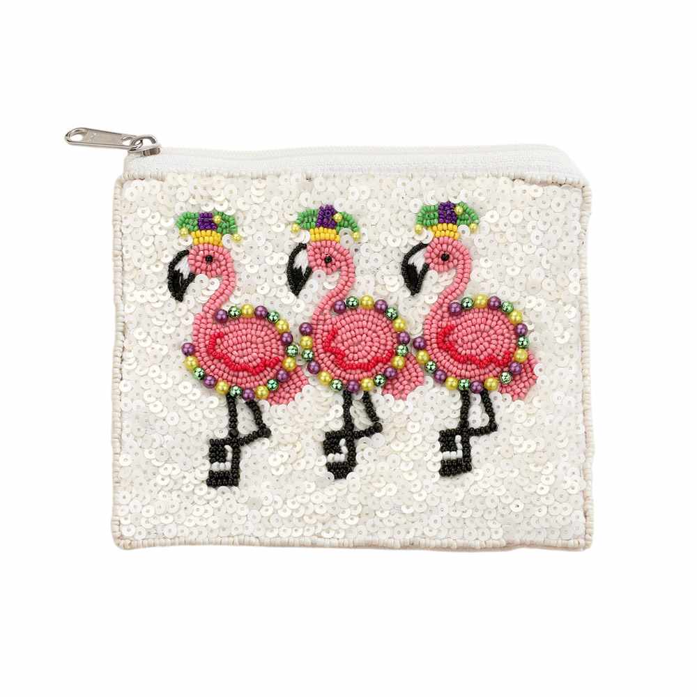 White-Mardi Gras Flamingo Sequin Pearl Ball Seed Beaded Mini Pouch Bag is perfect for adding a touch of fun and flair to any outfit. Its colorful sequins and beaded design make it a standout accessory, while its compact size allows for easy carrying. Enjoy the beauty and functionality of this unique bag. 