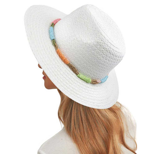 White Multi Color Straw Band Straw Hat, Introducing our perfect accessory for any summer outfit! Made with high-quality straw, this hat is durable and provides excellent UV protection. The stylish multi-color band adds a pop of color to your look while keeping you cool and comfortable. Upgrade your summer style.