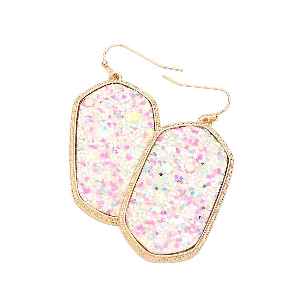 Sparkly Hexagon Frame Dangle Earrings - White Multi - Earrings