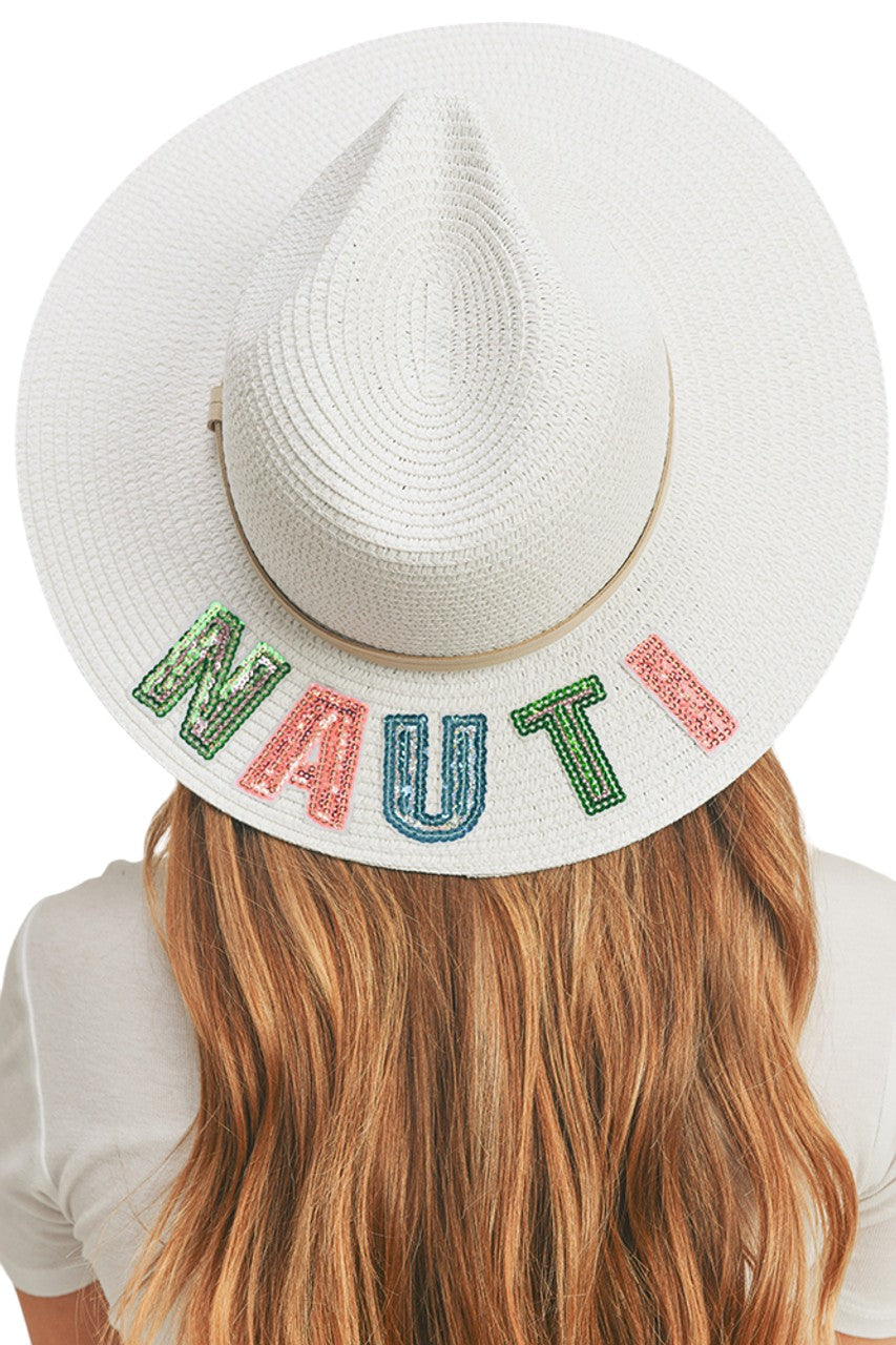 White NAUTI Sequin Letter Panama Hat showcases advanced craftsmanship through precisely positioned sequin lettering spelling "NAUTI." The hat employs a specialized weave density that creates optimal airflow while maintaining structural resilience against environmental stressors. Its scientifically calibrated brim width provides maximum UV protection without compromising peripheral vision. The interior features a hypoallergenic moisture management system that regulates temperature during prolonged wear.