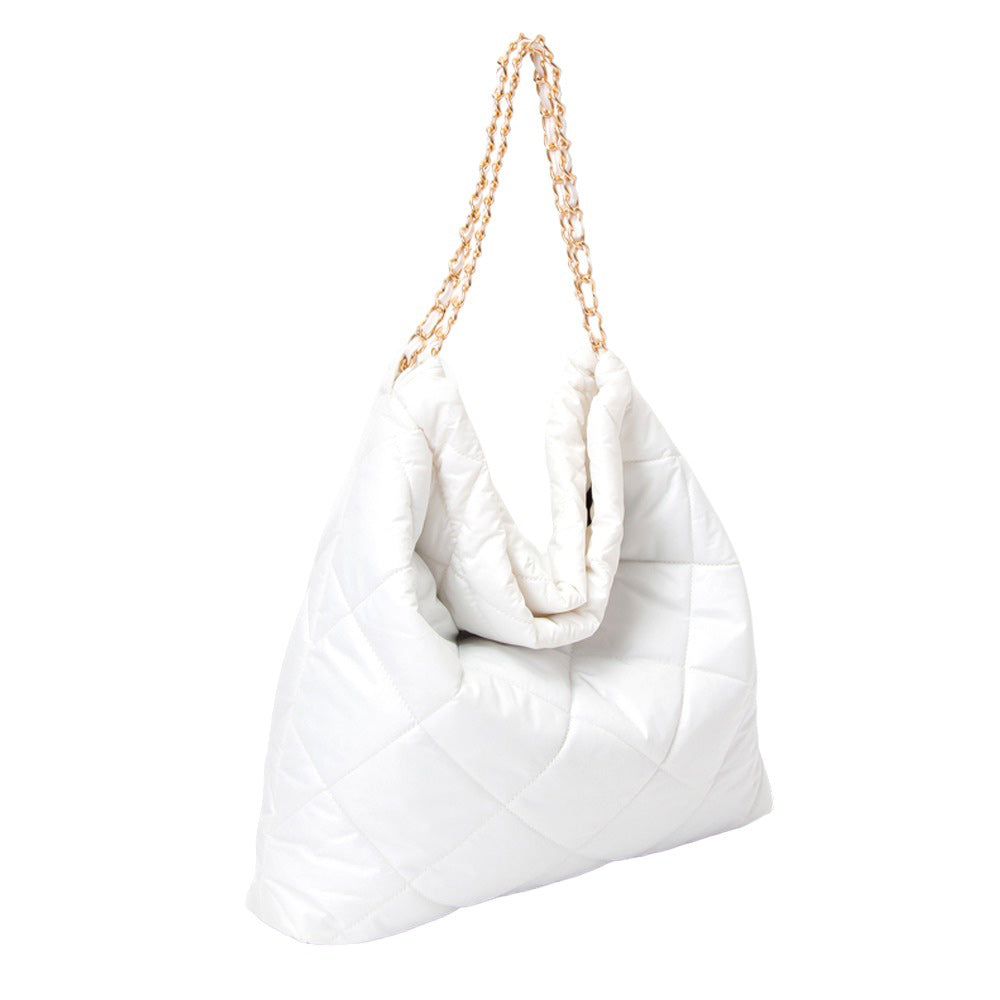 White Padded Adjustable Metal Strap Shoulder Bag, Carry your everyday items with ease with this bag. It features a padded shoulder strap and adjustable metal buckles, providing comfortable carrying and a secure fit. The strap also features a quick-release buckle for a quick and easy transition to a perfectly adjusted fit.
