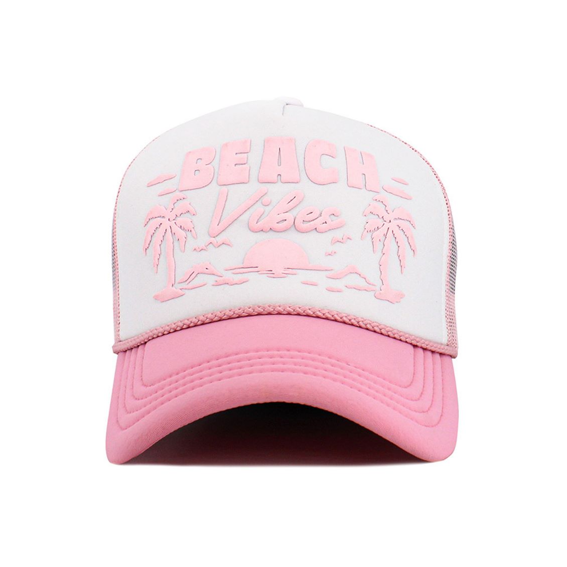 White Pink Capture easygoing summer style with this BEACH VIBES foam trucker hat, featuring bold lettering and a tropical tree graphic for a fun, sunny look. Lightweight and breathable, it’s perfect for beach days, vacations, and relaxed outdoor wear.