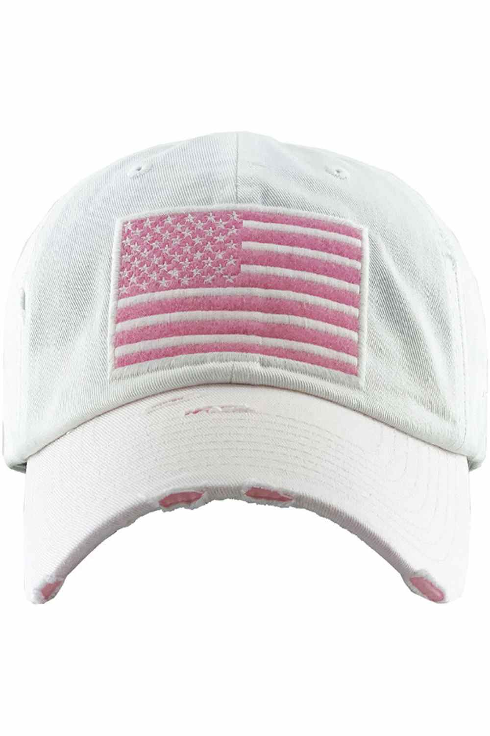 White Pink Show off your patriotic style with this Unisex American Flag washed vintage distressed baseball cap, featuring a classic worn-in look and bold flag detail. Designed for comfort with an adjustable fit, this everyday cap is perfect for casual outings, outdoor activities, or laid-back weekends.