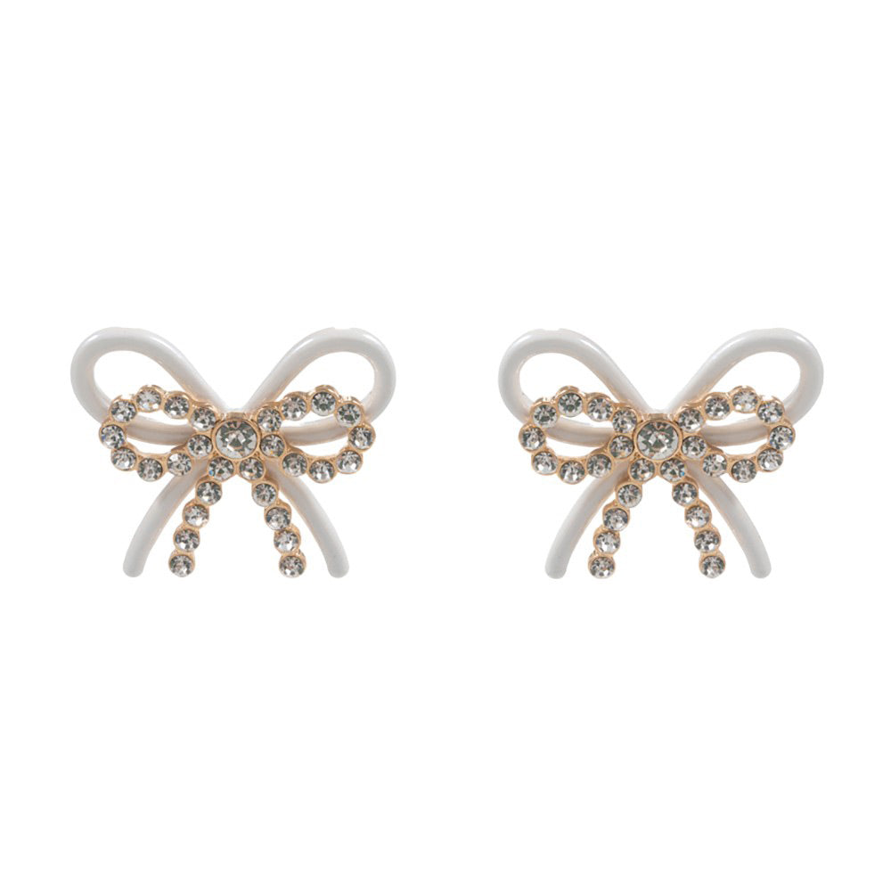 White Rhinestone Paved Color Metal Wire Bow Earrings are a stylish and elegant addition to any outfit. The intricate design and sparkling rhinestones add a touch of glamour, while the metal wire construction ensures durability. Perfect for any occasion, these earrings are a must-have for any fashion-savvy individual.