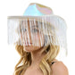 White Shiny Western Cowboy Hat with Fringe is the perfect accessory for any Western-themed event. Made with high-quality materials, this hat features a classic cowboy design with a touch of modern shine. Stay on trend and make a statement with this stylish and durable hat.