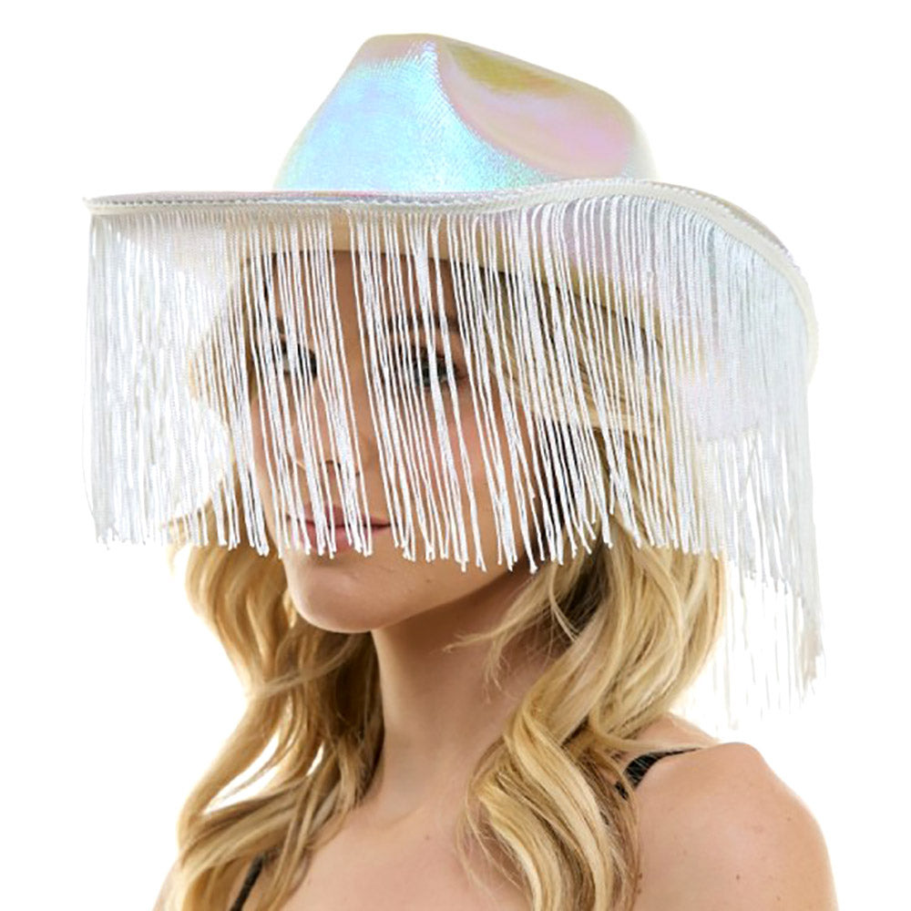 Shiny Western Cowboy Hat with Fringe - White - Cowboy Hat