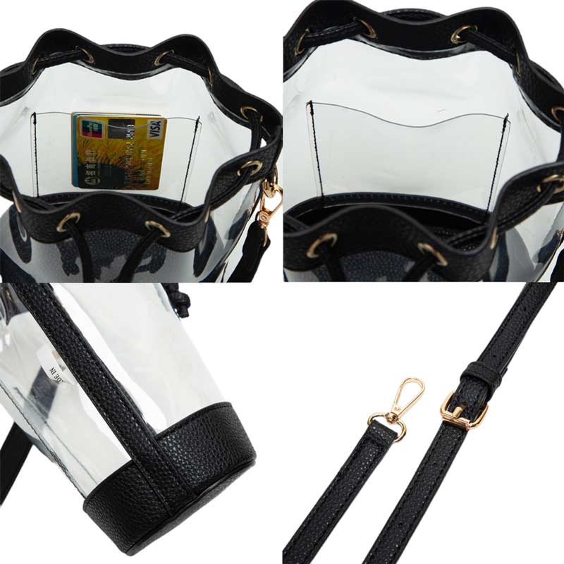 White-Solid Faux Leather Transparent Bucket Bag, The perfect accessory for your daily needs. Made of durable and trendy faux leather, this bag features a unique transparent design, allowing you to easily access your items while adding a touch of style to your outfit.