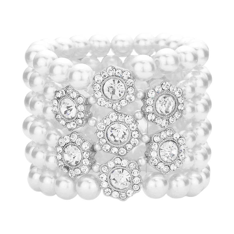 Stone Embellished Multi Layered Pearl Stretch Bracelet - White - Bracelets