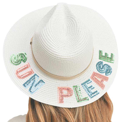 Sun Please Sequin Message Straw Panama Sun Hat - White - Sun Hats