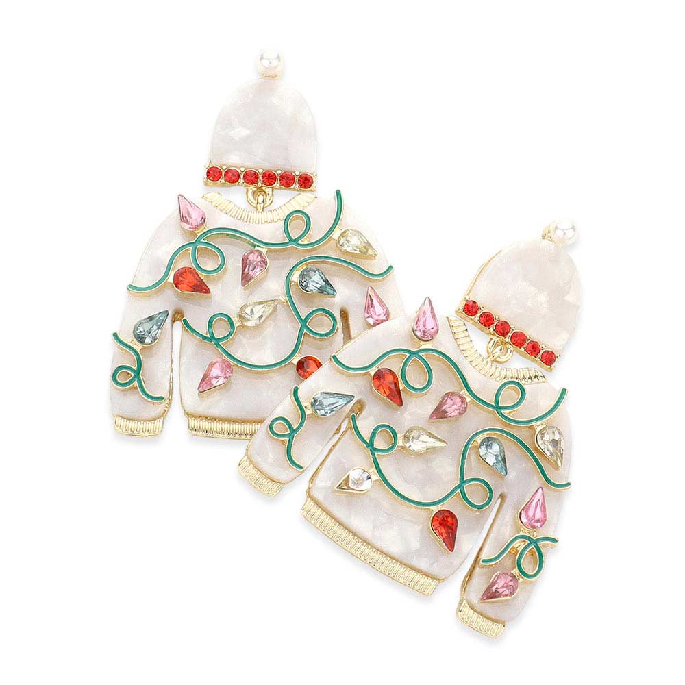 White Teardrop Stone Celluloid Acetate Christmas Sweater Earrings, are beautifully designed with a celluloid acetate theme that will make a glowing touch on everyone. These earrings are the ultimate representation of your class & beauty. These are the perfect gift for Christmas, especially for your friends, family, and love.