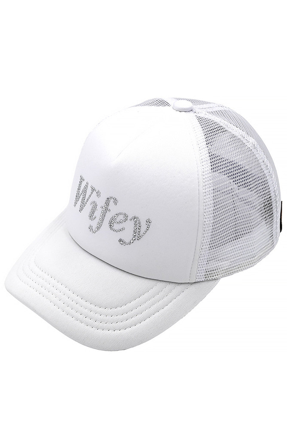 White C.C WIFEY Rhinestones Trucker Cap is a must-have for any stylish woman. With a dazzling display of rhinestones and a comfortable trucker design, you'll be turning heads wherever you go. Add a touch of glam to your daily look and show off your wifey status in style.