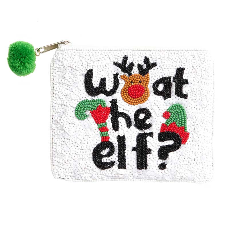 White What The Elf Message Beaded Rudolph Christmas Mini Pouch Bag, Be the ultimate fashionista while carrying this trendy message-themed mini pouch bag! This pretty & tiny pouch bag will sure to bring a smile to one's face as a gift. This is the perfect gift for Christmas, especially for your friends, family.