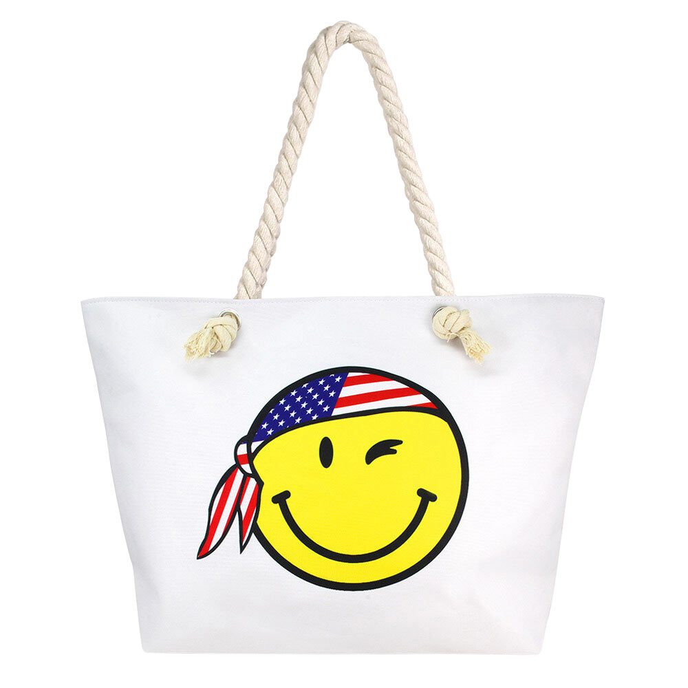 Smile Face With USA Bandana Print Beach Tote Bag - White Yellow - Beach Bag