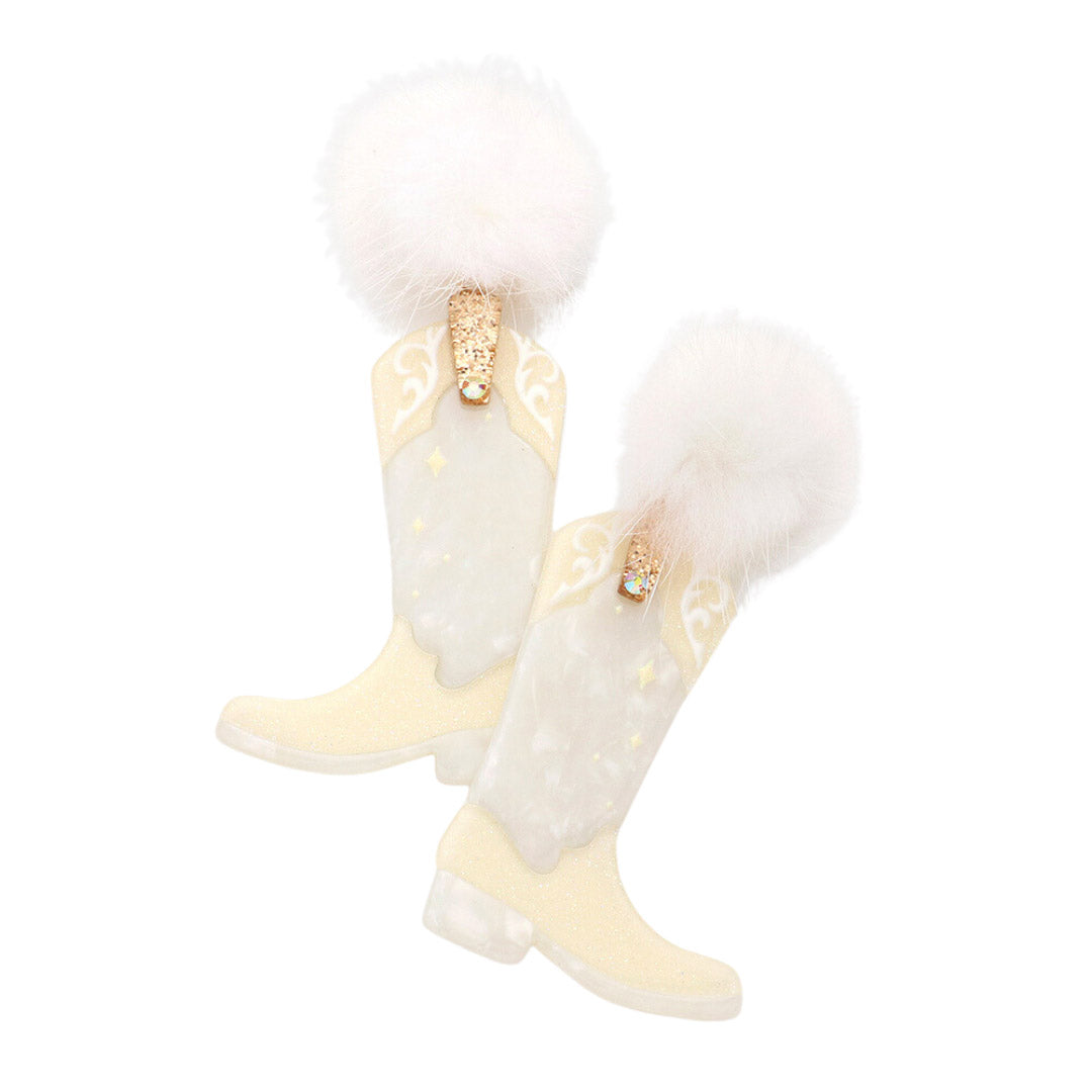 Put on a sassy southwestern show with these White Pom Pom Resin Western Boots Link Dangle Earrings! These unique earrings feature resin-crafted western boots with three dangling pom poms -- just the thing to add a saucy kick to any outfit! Yeehaw! Awesome gift for birthdays, anniversaries or just because gift