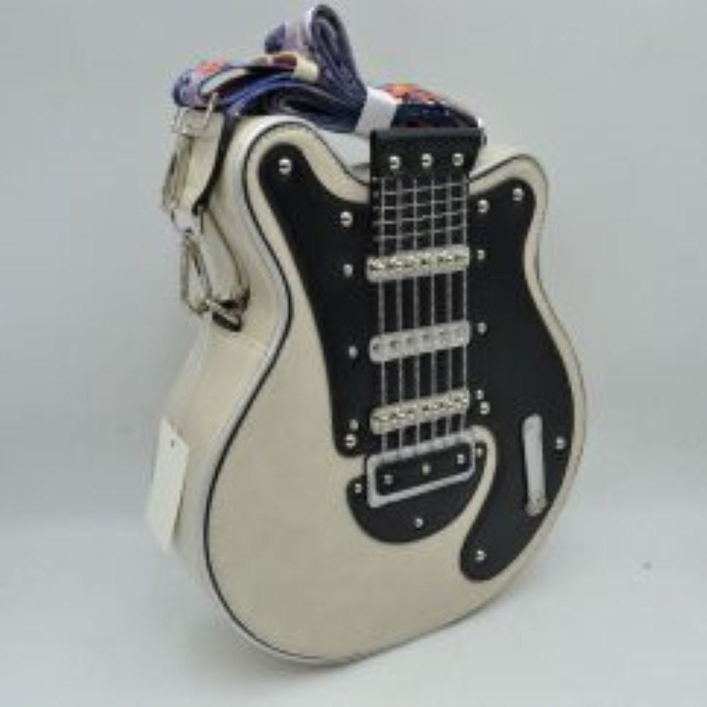 White This unique novelty handbag features a structured silhouette designed to look like an electric guitar, making it an exceptional statement piece for music lovers. The prominent front panel showcases a color-blocked black and off-white design detailed with polished metallic studs, faux pickups, and delicate hanging chain links that mimic classic guitar strings. Equipped with a secure top zipper closure to keep your essentials safe