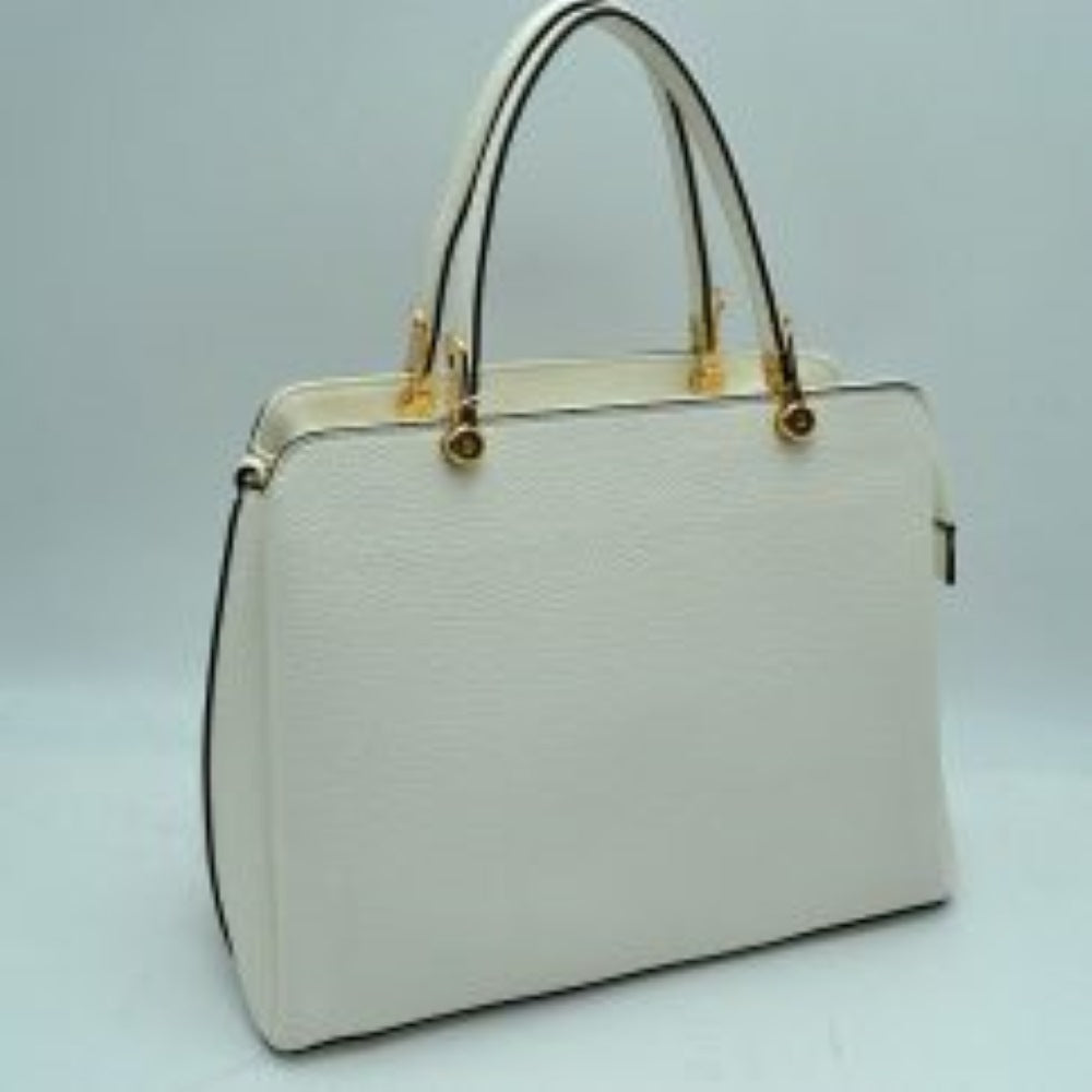 White This structured handbag is designed for everyday use, featuring dual arched top handles attached with round metallic hardware. The design includes multiple storage compartments to organize your belongings, featuring a central zippered closure alongside separate side compartments.