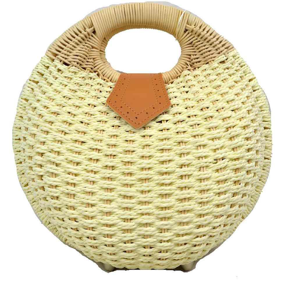 White Bring a chic, geometric flair to your summer style with this stunning round woven basket bag. Showcasing an eye-catching circular silhouette and rich, multi-tonal straw weaving, this handbag is the quintessential accessory for resort getaways, beach days, or sunny afternoon strolls. Blending bohemian textures with elegant hardware accents, it serves as a versatile piece that easily elevates a breezy maxi dress or a casual linen ensemble.