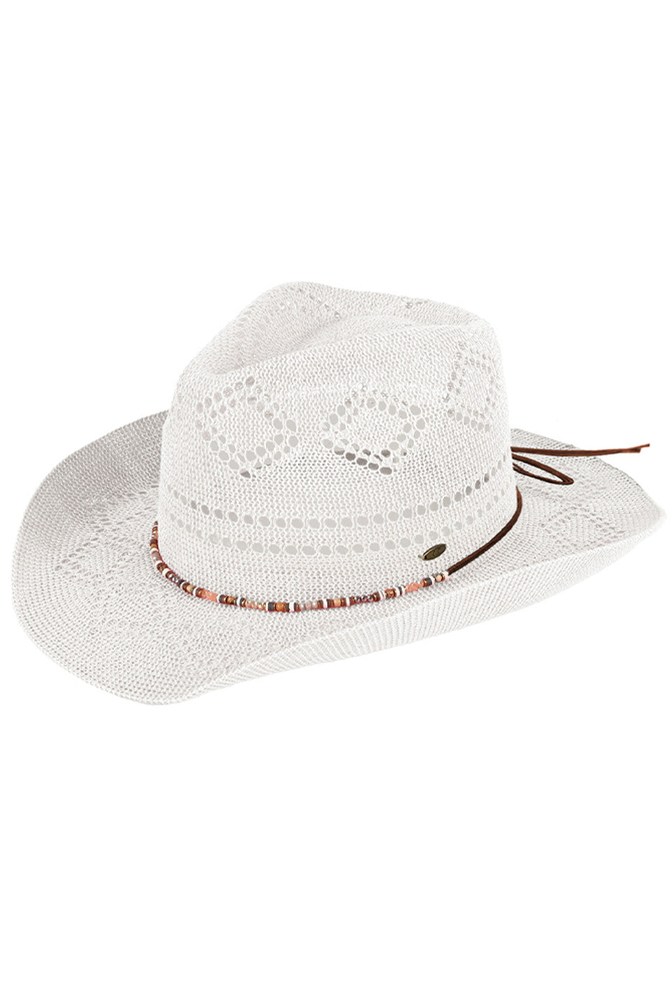 White C.C Beaded Charm Trim Woven Cowboy Hat is the perfect accessory for any western inspired look. With intricate beaded charm trim, this hat adds a touch of elegance to its woven design. Made from durable materials, it provides both style and functionality. Upgrade your outfit with this stylish cowboy hat.