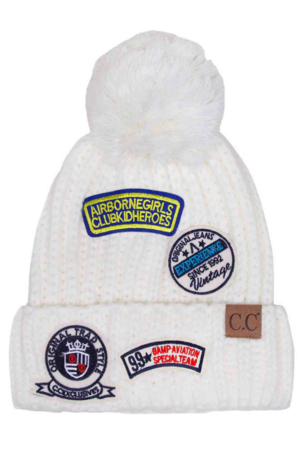 White Stay warm in style with the C.C Fashion Pom Beanie With Patch. Crafted from 100% soft acrylic, this cozy beanie delivers exceptional comfort and durability for everyday wear. The signature pom pom adds a playful touch, while the decorative patch showcases timeless fashion appeal. One size fits most, making it the perfect accessory for anyone seeking quality and versatility. Whether you're heading outdoors or running errands, this beanie combines practicality with contemporary design.