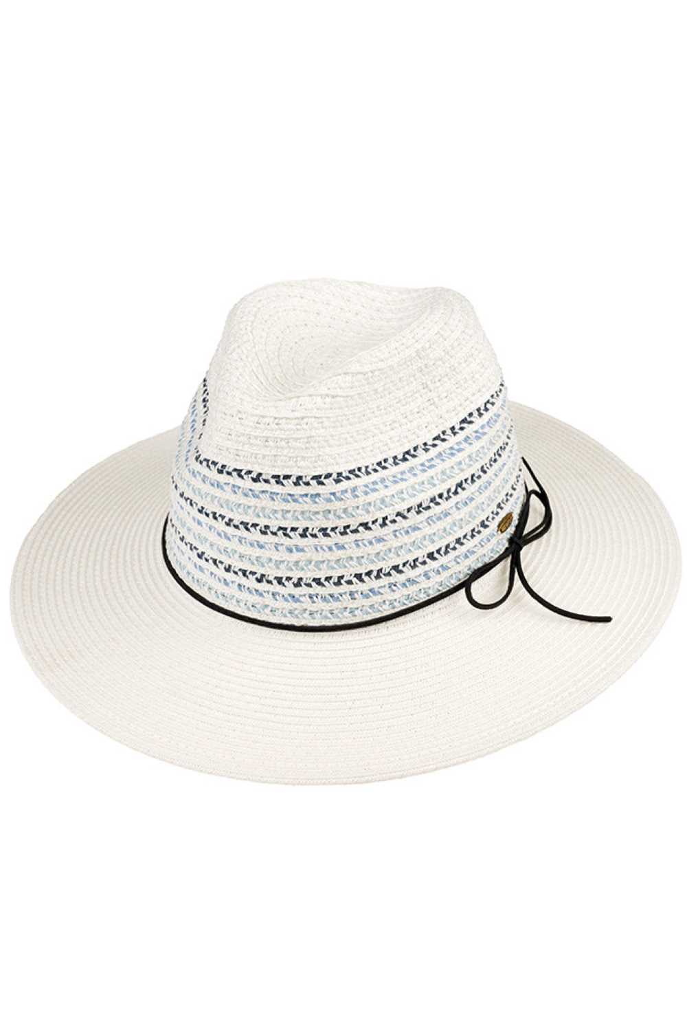 White Elevate your summer style with this charming C.C straw panama sun hat. Crafted from a breathable blend of 80% paper and 20% polyester, it offers lightweight comfort for all-day wear. The multi-color detail with coordinating band adds a playful touch to any warm-weather outfit. Designed with a 3" brim for sun protection and a 4" crown for a flattering silhouette, this one-size hat fits most with a 22.6" circumference. Perfect for beach days, outdoor events, or casual adventures. Made in China.