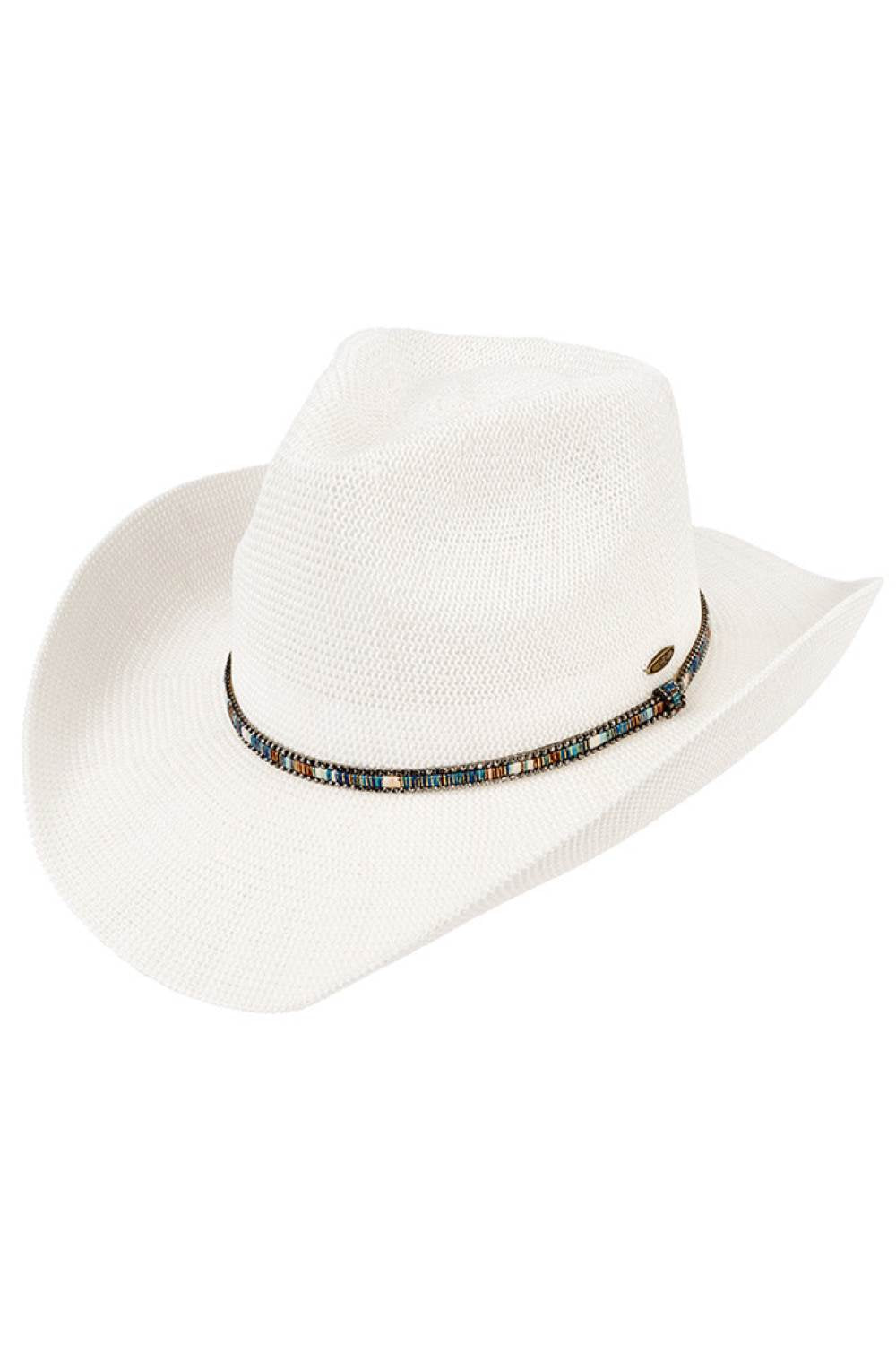 White Elevate your western style with this C.C Multi Colored Trim Band Knitted Cowboy Hat. Crafted from a breathable blend of 60% paper and 40% polyester, this one-size hat offers comfort and durability. The vibrant multi-colored trim band adds a pop of personality to any outfit. With a 3.25" brim and 4.5" crown height, it provides excellent sun protection while maintaining that classic cowboy silhouette. Perfect for ranch days, country festivals, or casual everyday wear. Circumference: 22.6".