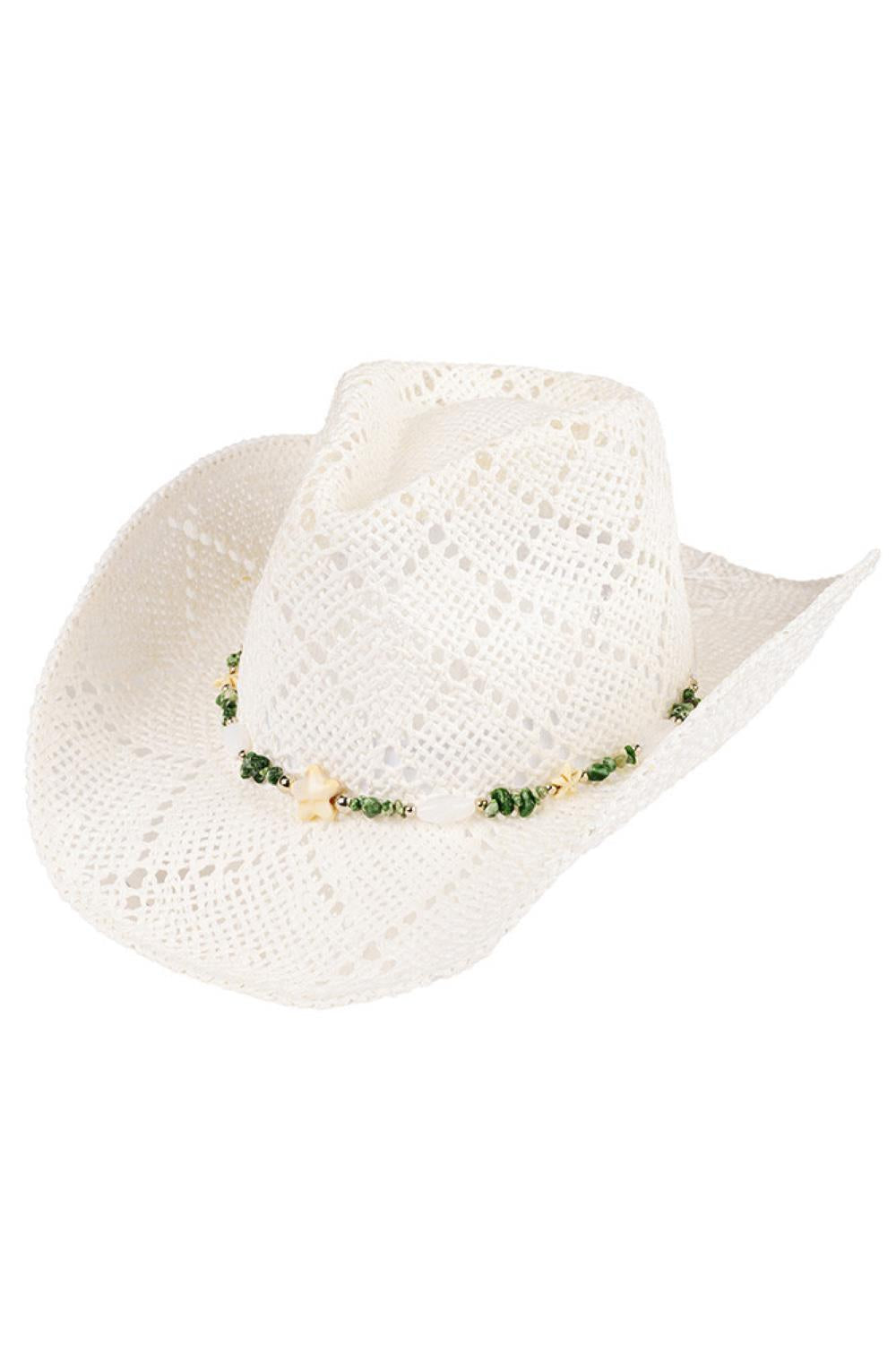 White Step into bold Western style with this C.C paper cowboy hat, showcasing an eye-catching starfish and bead band pattern. Made from 100% paper, it's breathable and lightweight—ideal for warm weather adventures. With a 22.6" circumference, 3.5" brim, and 4.5" crown height, this one-size hat delivers comfort and flair. Whether you're heading to a festival, beach day, or casual outing, it's the perfect accessory to elevate your look. Made in China.