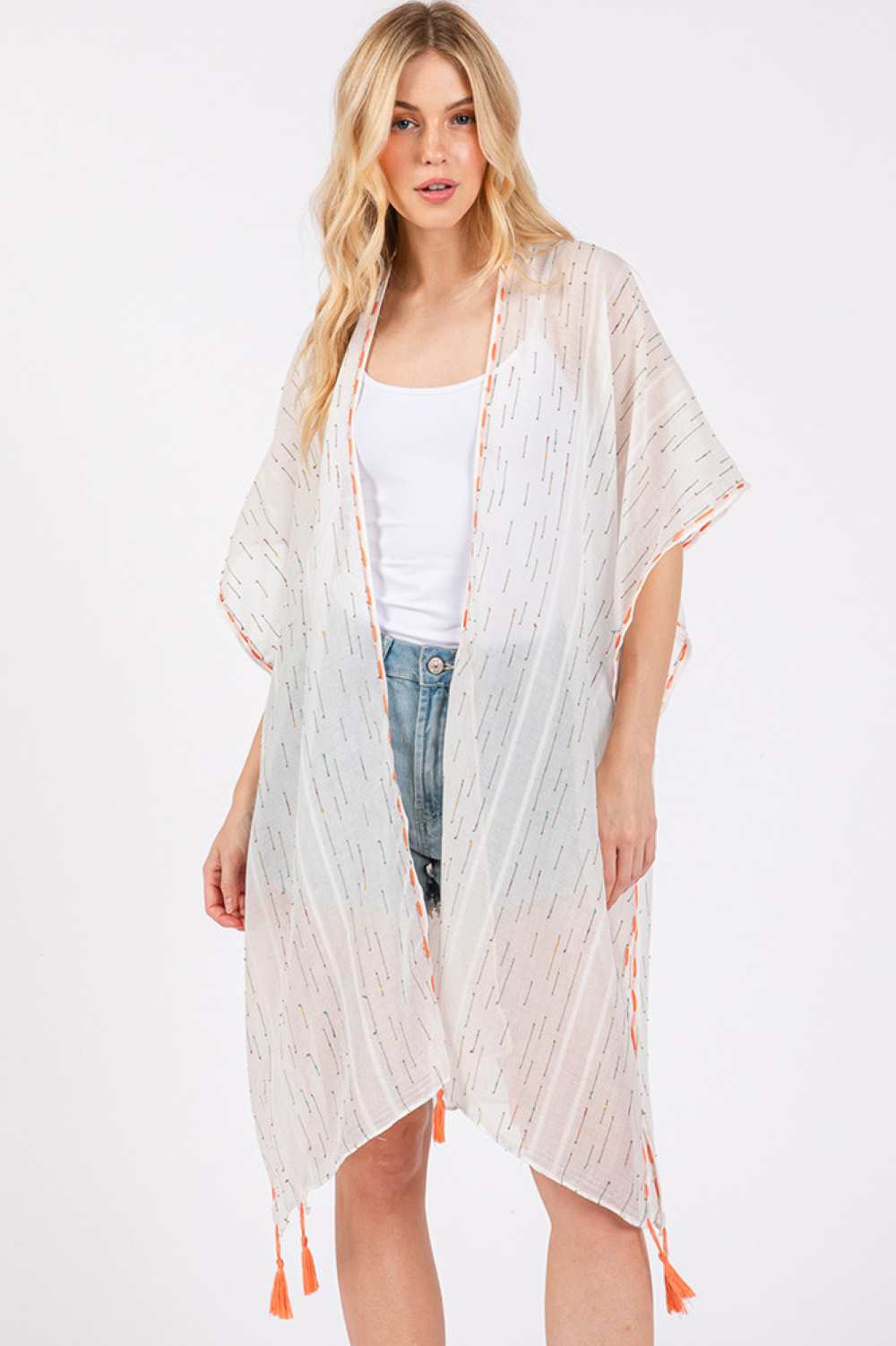White Effortless summer style meets vibrant detail with this lightweight kimono cover-up. Crafted from 100% polyester, it features colorful stitch trim and playful tassels that add movement and personality to any beach or poolside look. The generous 31" x 35" dimensions provide comfortable coverage over swimwear or casual outfits. Perfect for layering during warm-weather getaways, this versatile piece transitions seamlessly from day to evening. Machine washable and designed for easy care, it's an essential 