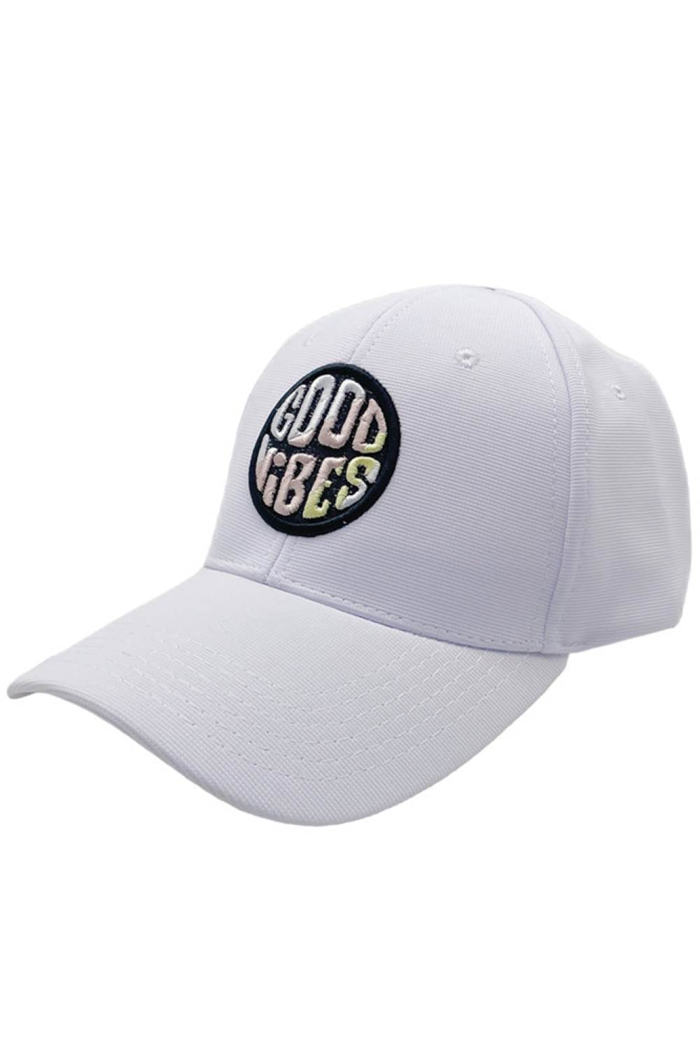 White Bring positive energy to your outfit with this GOOD VIBES multi-color baseball cap, featuring vibrant tones and a bold embroidered design on the front. The classic curved brim and adjustable back ensure a comfortable, secure fit, perfect for casual wear, festivals, or sunny outdoor adventures.